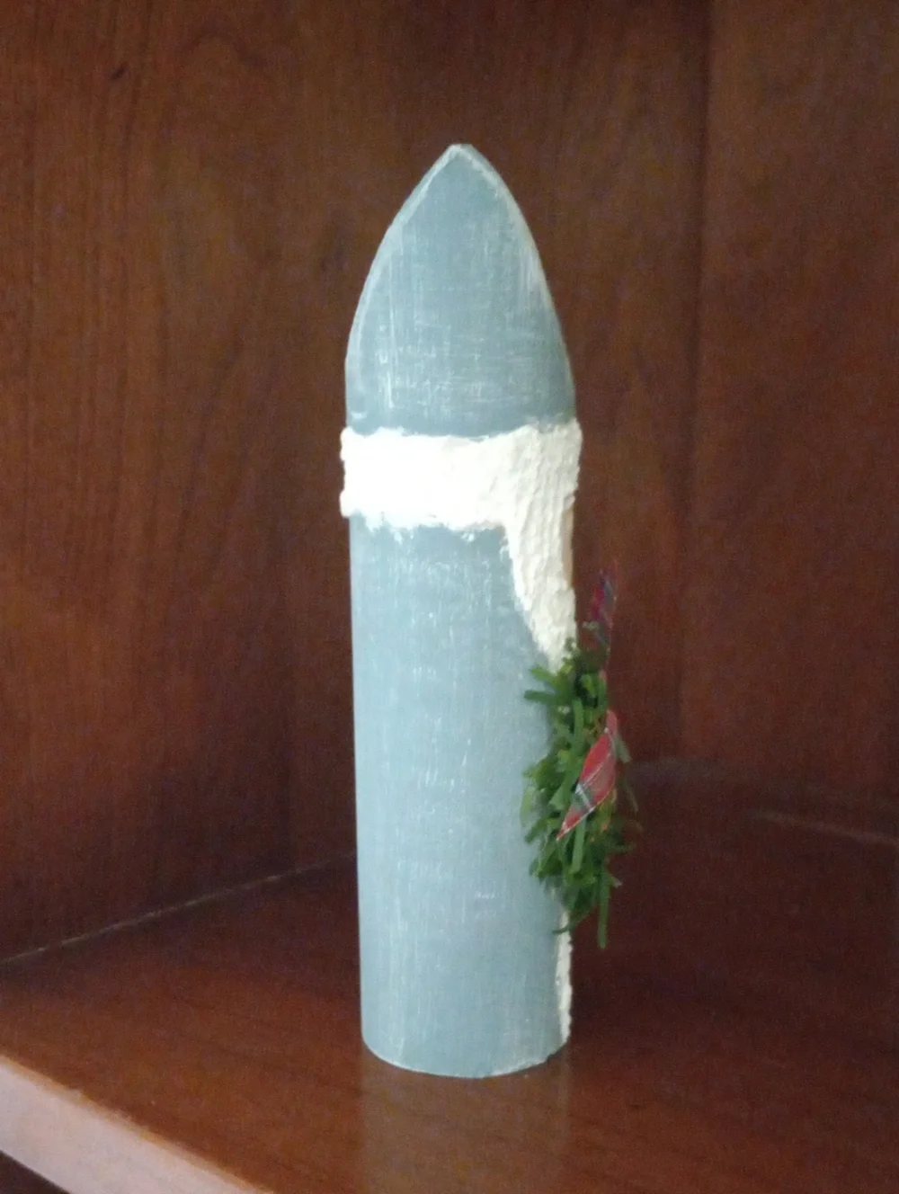 Handcrafted Powder Blue Wood Santa Holiday Figurine with Green Wreath
